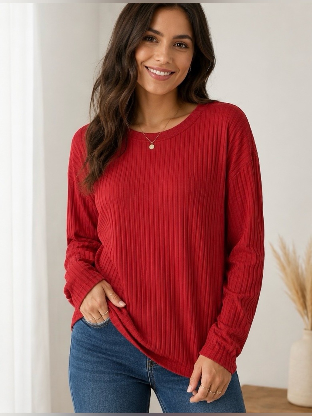 Sky & Wehyd XL Burnt Red Ribbed Long Sleeve Stretch Top